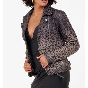 New Mauritius Vicki Leopard Print Leather Moto Jacket $350 Size 10